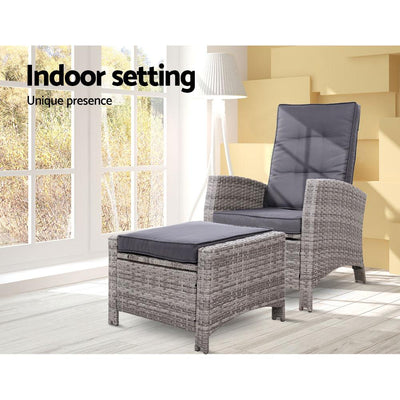 Sun lounge Recliner Chair Wicker Lounger Sofa Day Bed Outdoor Furniture Patio Garden Cushion Ottoman Grey Gardeon Payday Deals