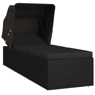 Sun Lounger with Canopy and Cushion Poly Rattan Black Payday Deals