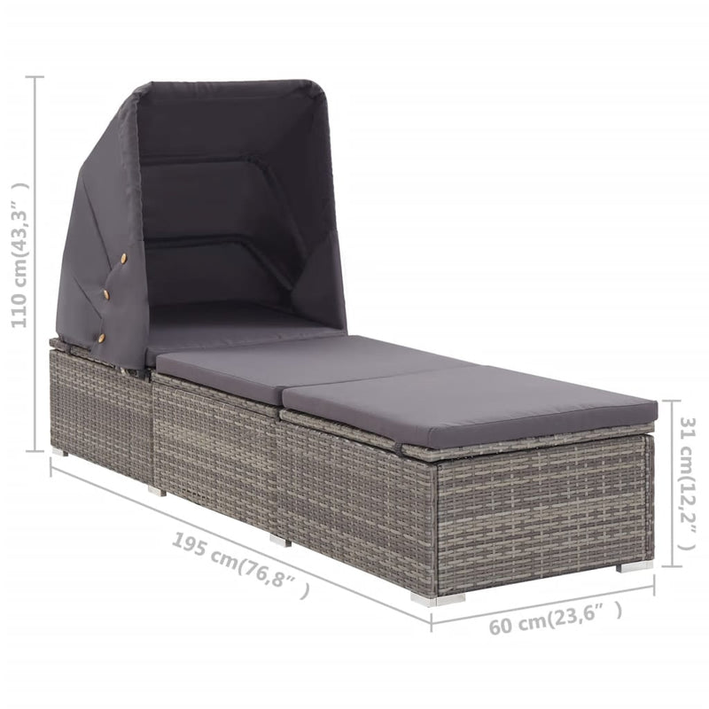 Sun Lounger with Canopy and Cushion Poly Rattan Grey Payday Deals