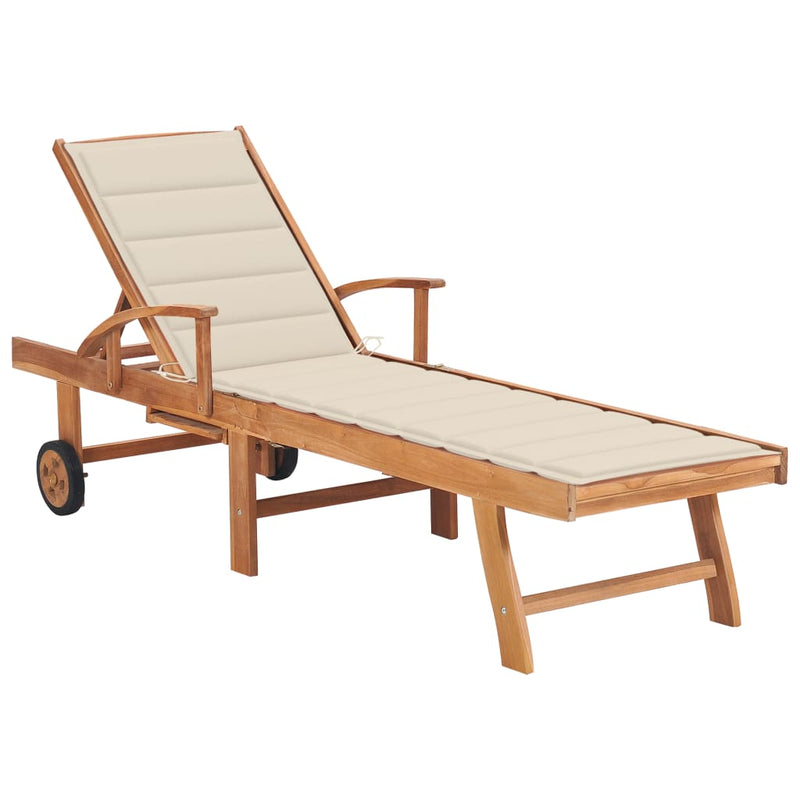 Sun Lounger with Cream Cushion Solid Teak Wood Payday Deals