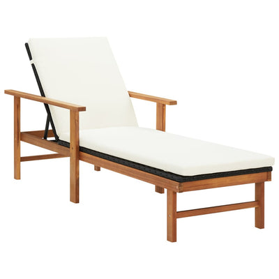 Sun Lounger with Cushion Poly Rattan and Solid Acacia Wood Payday Deals