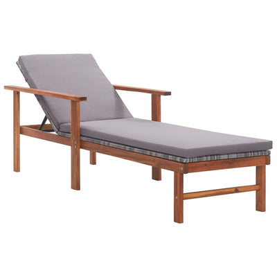 Sun Lounger with Cushion Poly Rattan and Solid Acacia Wood Grey Payday Deals