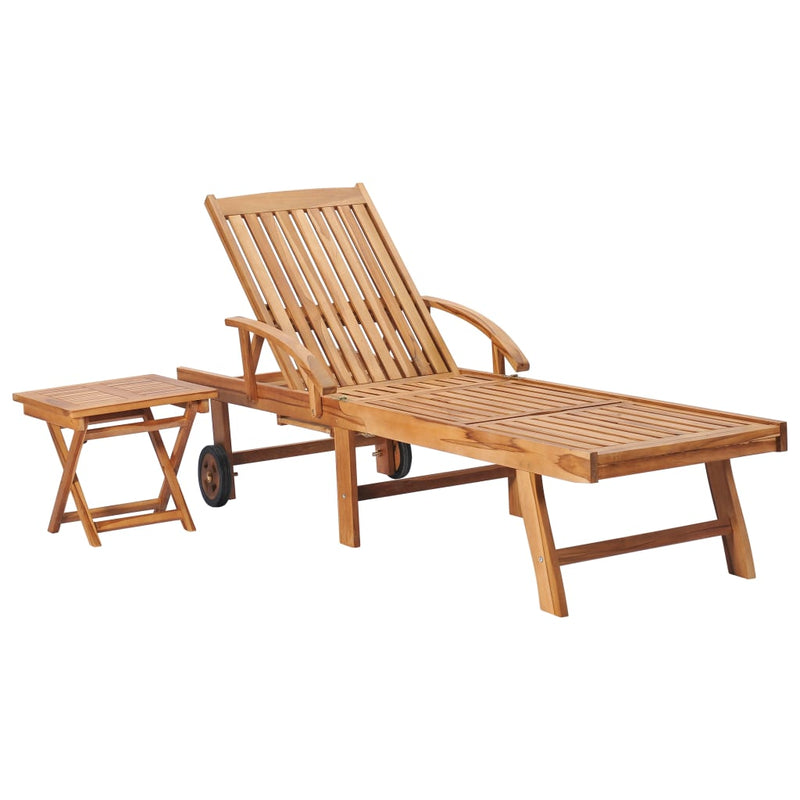 Sun Lounger with Table and Cushion Solid Teak Wood Payday Deals