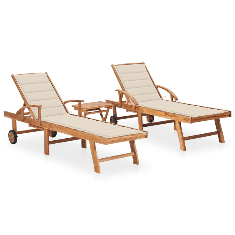 Sun Loungers 2 pcs with Table and Cushion Solid Teak Wood Payday Deals