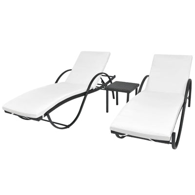 Sun Loungers 2 pcs with Table Poly Rattan Black (42884+42886)