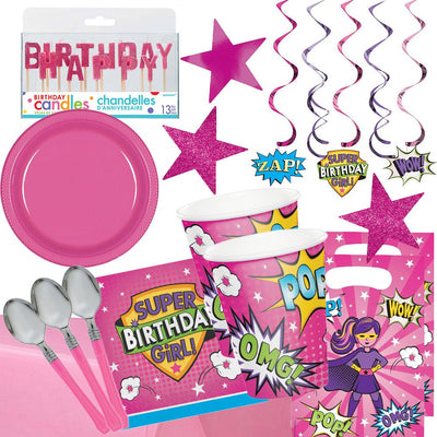 Superhero Pink Girls 16 Guest Deluxe Tableware Party Pack