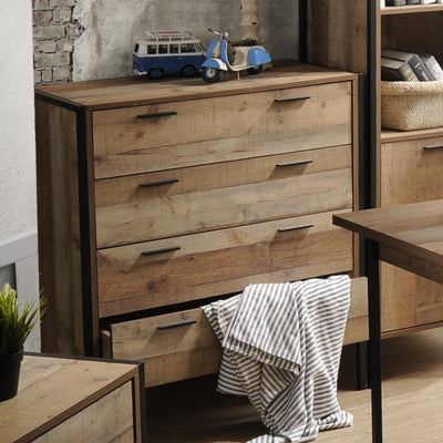 Tallboy 4 Storage Drawers Natural Wood Like Particle board Construction in Oak Colour Payday Deals
