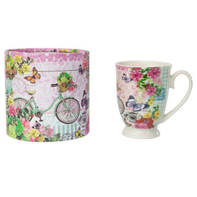 Tea Cup Coffee Mug Blue Bicycle Print Design Bone China Novelty Gift Set