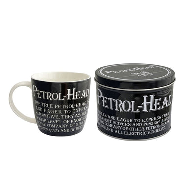 Tea Cup Coffee Mug In A Tin Petrol-Head Text Print Design Novelty Gift Set