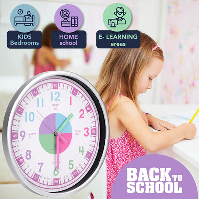 Telling Time Analogue Silent Wall Clock (Pink). Perfect Educational Tool for Homeschool, Classroom, Teachers and Parents Payday Deals