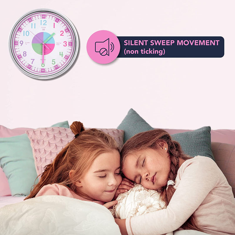 Telling Time Analogue Silent Wall Clock (Pink). Perfect Educational Tool for Homeschool, Classroom, Teachers and Parents Payday Deals