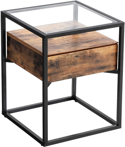 Tempered Glass End Table with Drawer and Rustic Shelf  Stable Iron Frame Payday Deals