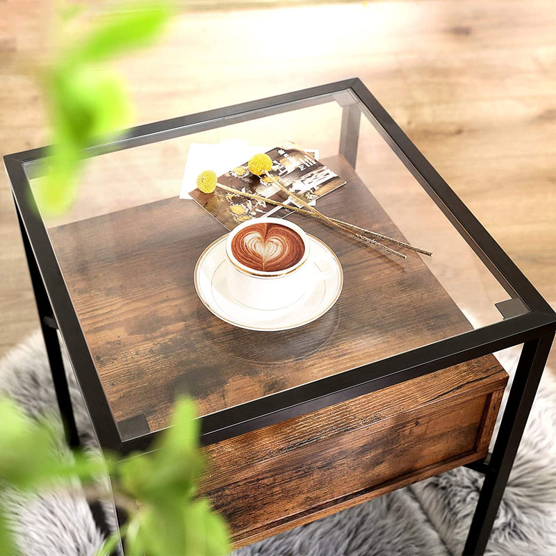 Tempered Glass End Table with Drawer and Rustic Shelf  Stable Iron Frame Payday Deals