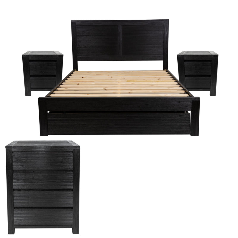 Tofino 4pc Queen Bed Suite Bedside Tallboy Bedroom Furniture Package - Black Payday Deals