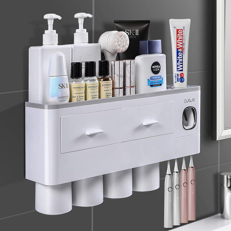 Toothbrush Holders with 3-4 Cups Automatic Toothpaste Dispenser Kit(3 Cups 1 Drawer) Payday Deals