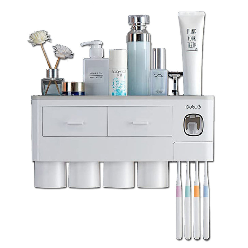 Toothbrush Holders with 3-4 Cups Automatic Toothpaste Dispenser Kit(4 Cups 2 Drawer) Payday Deals