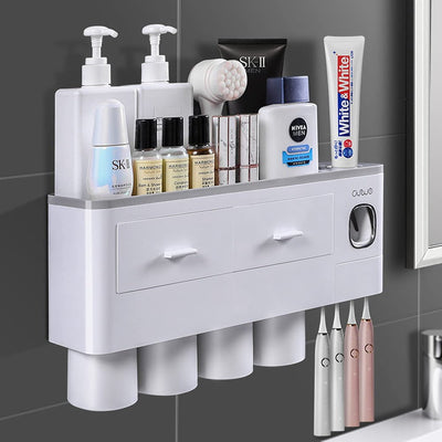 Toothbrush Holders with 3-4 Cups Automatic Toothpaste Dispenser Kit(4 Cups 2 Drawer) Payday Deals