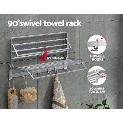 Towel Rail Rack Holder 4 Bars Wall Mounted Aluminium Foldable Hanging Hook Payday Deals