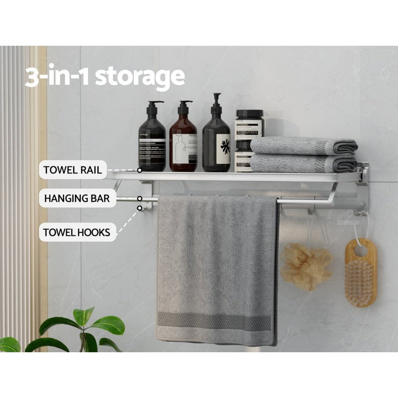 Towel Rail Rack Holder 4 Bars Wall Mounted Aluminium Foldable Hanging Hook Payday Deals