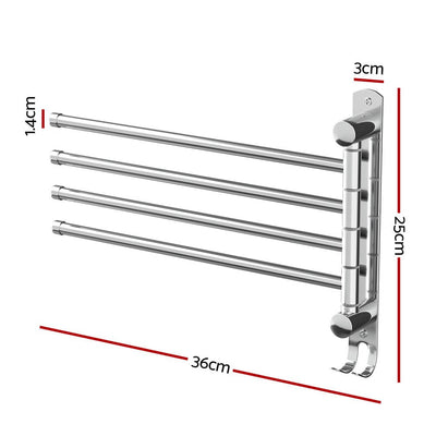 Towel Rail Rack Holder 4 Bars Wall Mounted Stainless Steel Swivel Hook Payday Deals