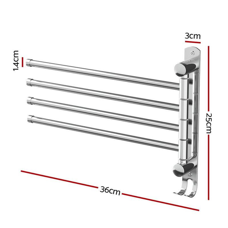 Towel Rail Rack Holder 4 Bars Wall Mounted Stainless Steel Swivel Hook Payday Deals