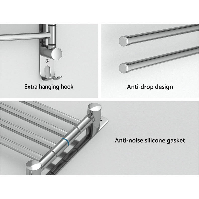 Towel Rail Rack Holder 4 Bars Wall Mounted Stainless Steel Swivel Hook Payday Deals