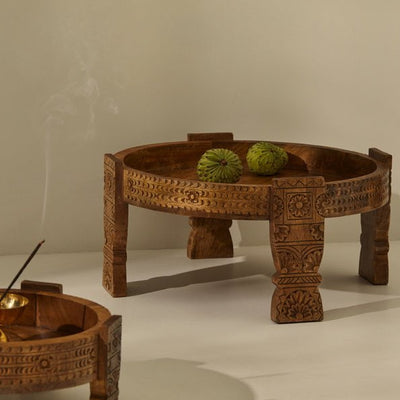 Tree Stripes Maala Hand Carved Chakki Accent Coffee Table (Natural) - Small Payday Deals