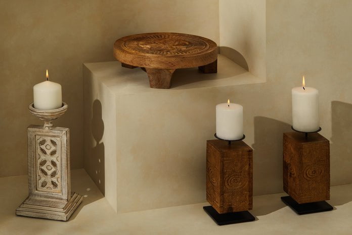 Tree Stripes Mara Natural Mango Wood Pillar Candle Stand Payday Deals