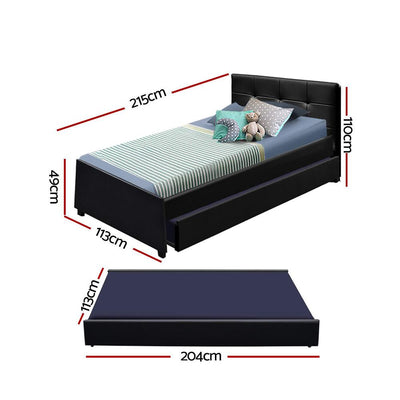 Trundle Wooden Bed Frame with Storage Drawer - Black King Single Payday Deals