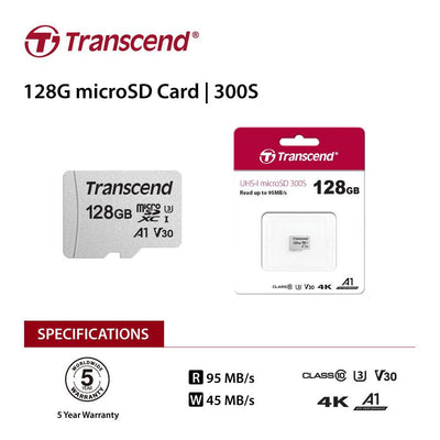 TS128GUSD300S  128GB UHS-I U3A1 microSD w/o Adapter (microSDXC I, U3, V30, A1)