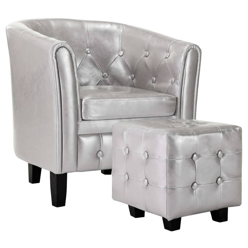 Tub Chair with Footstool Silver Faux Leather Payday Deals