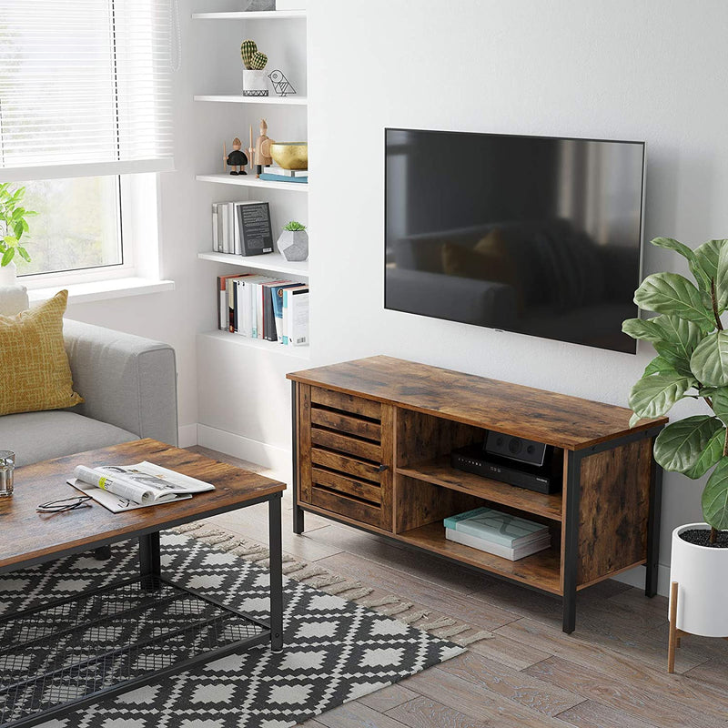 TV Cabinet for up to 127cm TVs with Louvred Door 2 Shelves for Living Room and Bedroom Rustic Brown and Black Payday Deals