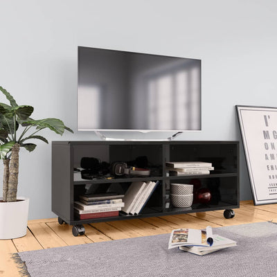 TV Cabinet with Castors High Gloss Black 90x35x35 cm Engineered Wood Payday Deals