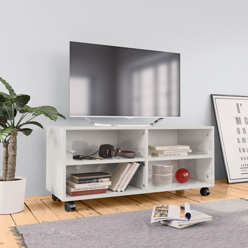 TV Cabinet with Castors High Gloss White 90x35x35 cm Engineered Wood Payday Deals