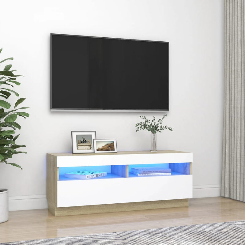 TV Cabinet with LED Lights White and Sonoma Oak 100x35x40 cm Payday Deals