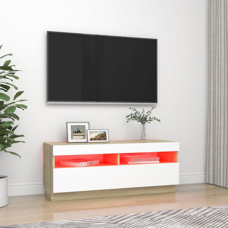 TV Cabinet with LED Lights White and Sonoma Oak 100x35x40 cm Payday Deals