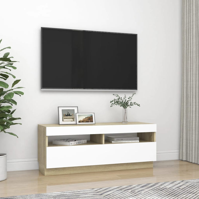 TV Cabinet with LED Lights White and Sonoma Oak 100x35x40 cm Payday Deals