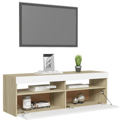 TV Cabinet with LED Lights White and Sonoma Oak 120x35x40 cm Payday Deals