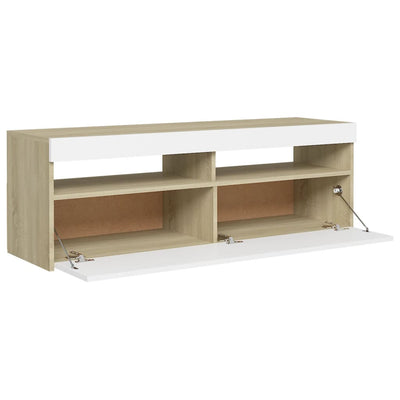 TV Cabinet with LED Lights White and Sonoma Oak 120x35x40 cm Payday Deals