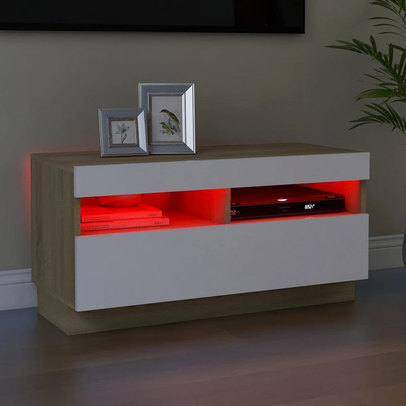 TV Cabinet with LED Lights White and Sonoma Oak 80x35x40 cm Payday Deals