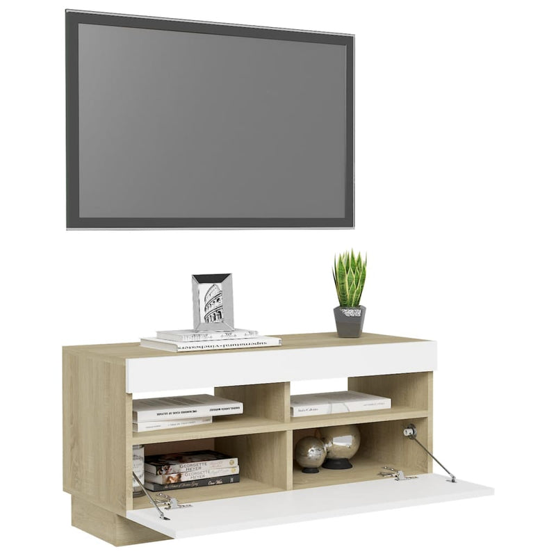 TV Cabinet with LED Lights White and Sonoma Oak 80x35x40 cm Payday Deals