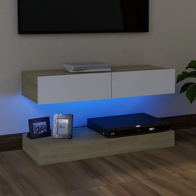 TV Cabinet with LED Lights White and Sonoma Oak 90x35 cm