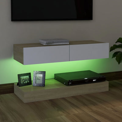 TV Cabinet with LED Lights White and Sonoma Oak 90x35 cm Payday Deals