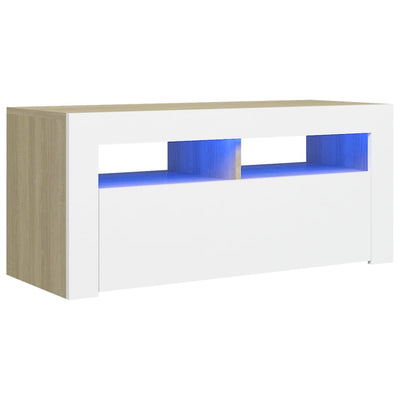 TV Cabinet with LED Lights White and Sonoma Oak 90x35x40 cm Payday Deals