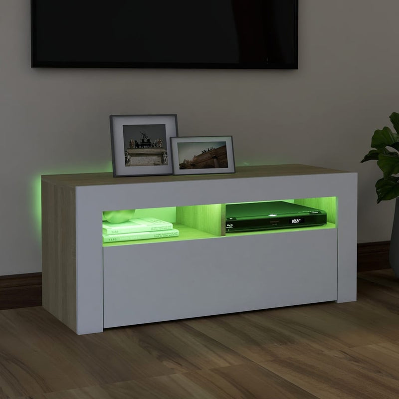 TV Cabinet with LED Lights White and Sonoma Oak 90x35x40 cm Payday Deals