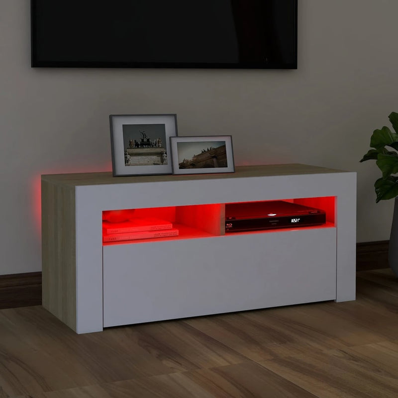 TV Cabinet with LED Lights White and Sonoma Oak 90x35x40 cm Payday Deals