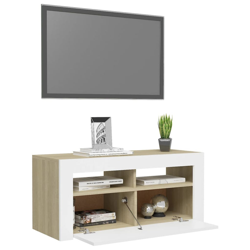 TV Cabinet with LED Lights White and Sonoma Oak 90x35x40 cm Payday Deals