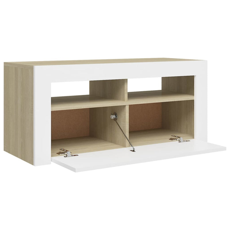 TV Cabinet with LED Lights White and Sonoma Oak 90x35x40 cm Payday Deals