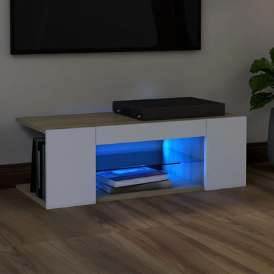 TV Cabinet with LED Lights White and Sonoma Oak 90x39x30 cm