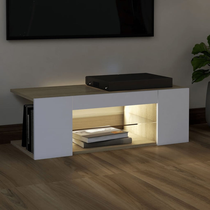 TV Cabinet with LED Lights White and Sonoma Oak 90x39x30 cm Payday Deals